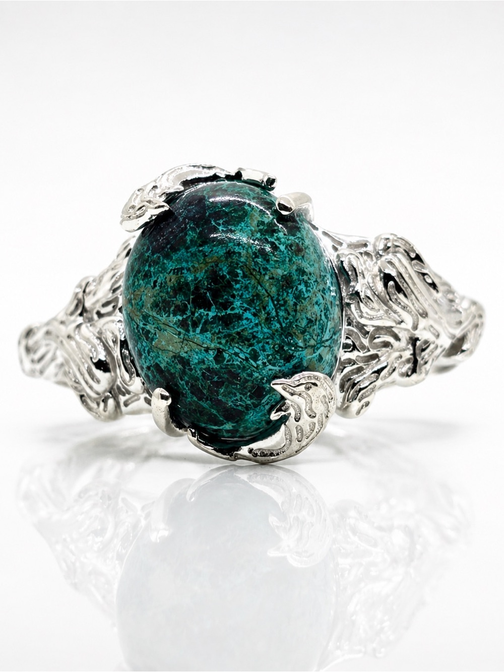 Chrysocolla (6 tcw) Dolphin Ring | Platinum Over Sterling Silver | Size 7 | NWOT